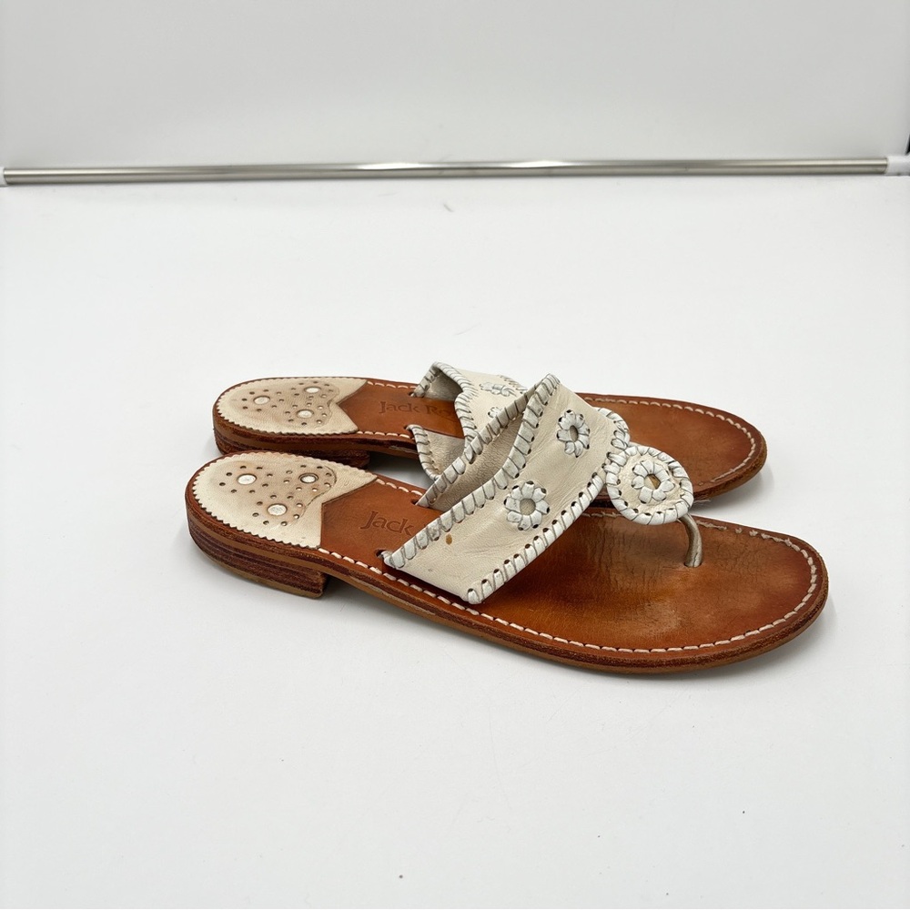 Jack Rogers Size 8.5 White Leather Navajo Hamptons Flip Flop Thong Sandals